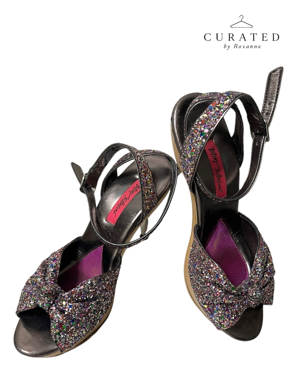 Betsey Johnson Confetti Glitter Platform Heels Size 9 (Fits Small) Bow Pumps